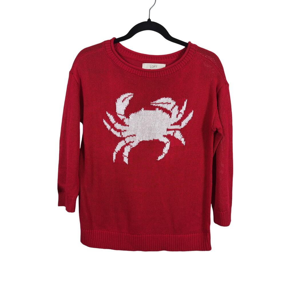 LOFT Sweater Womens XS Red Crab Graphic 3/4 Sleeve Intarsia Crew Neck